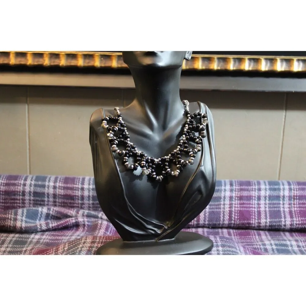 Black Glass Beaded Scalloped Looped Necklace